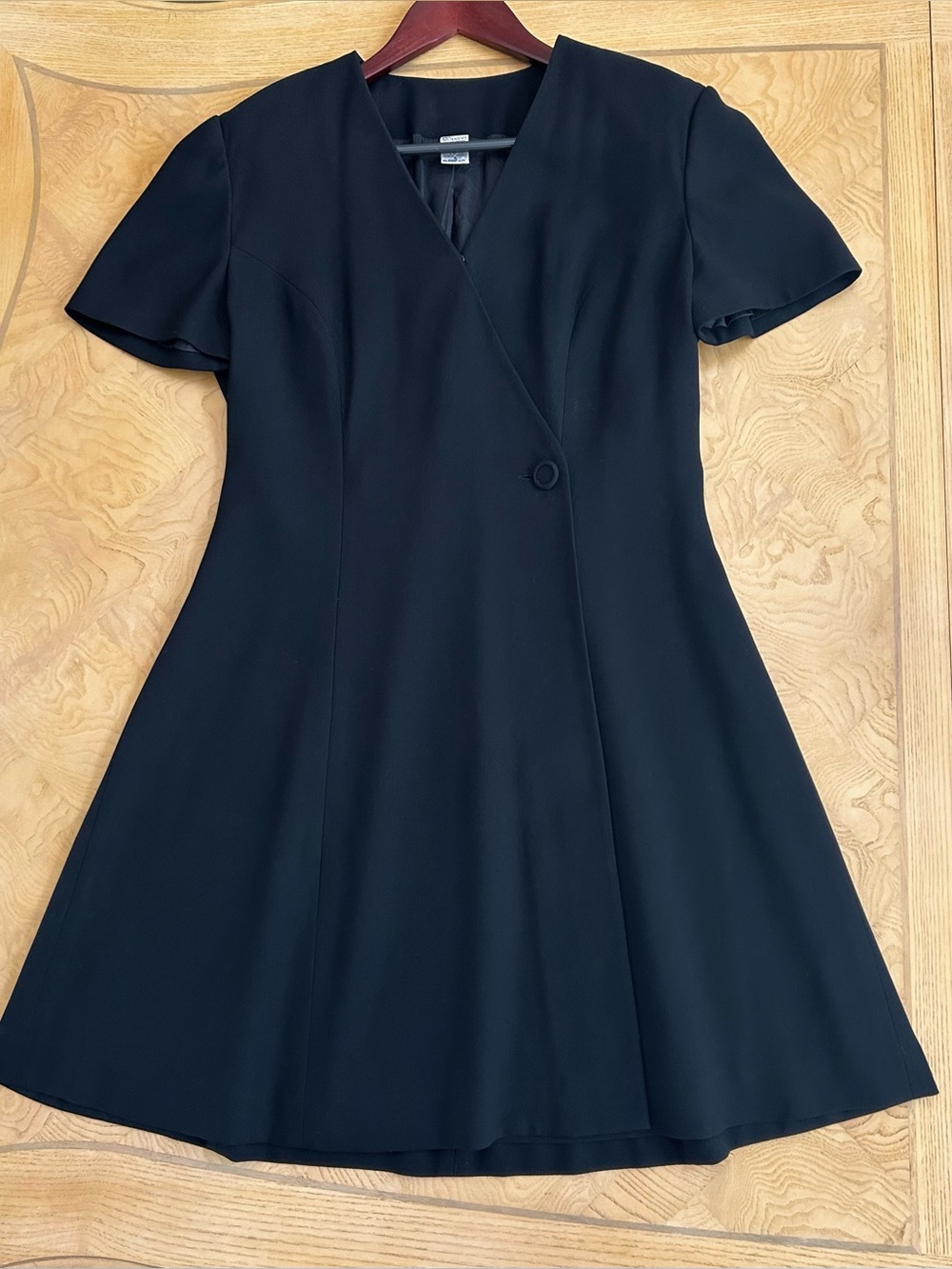 Vintage Short Sleeve V-neck Wrap Black Midi Dress, Made in Hong Kong, Size 8